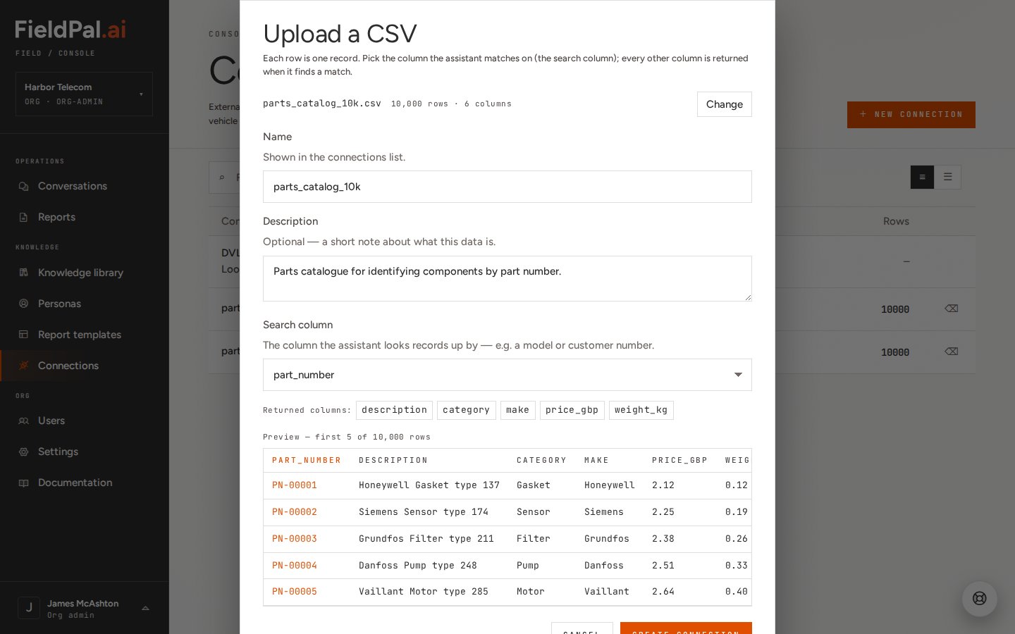 CSV upload dialog with a description filled in