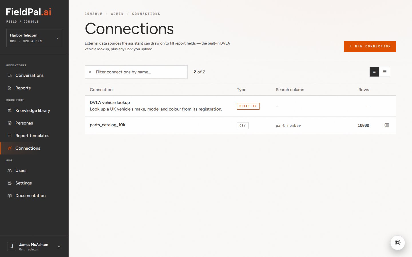 Connections list showing the newly created connection