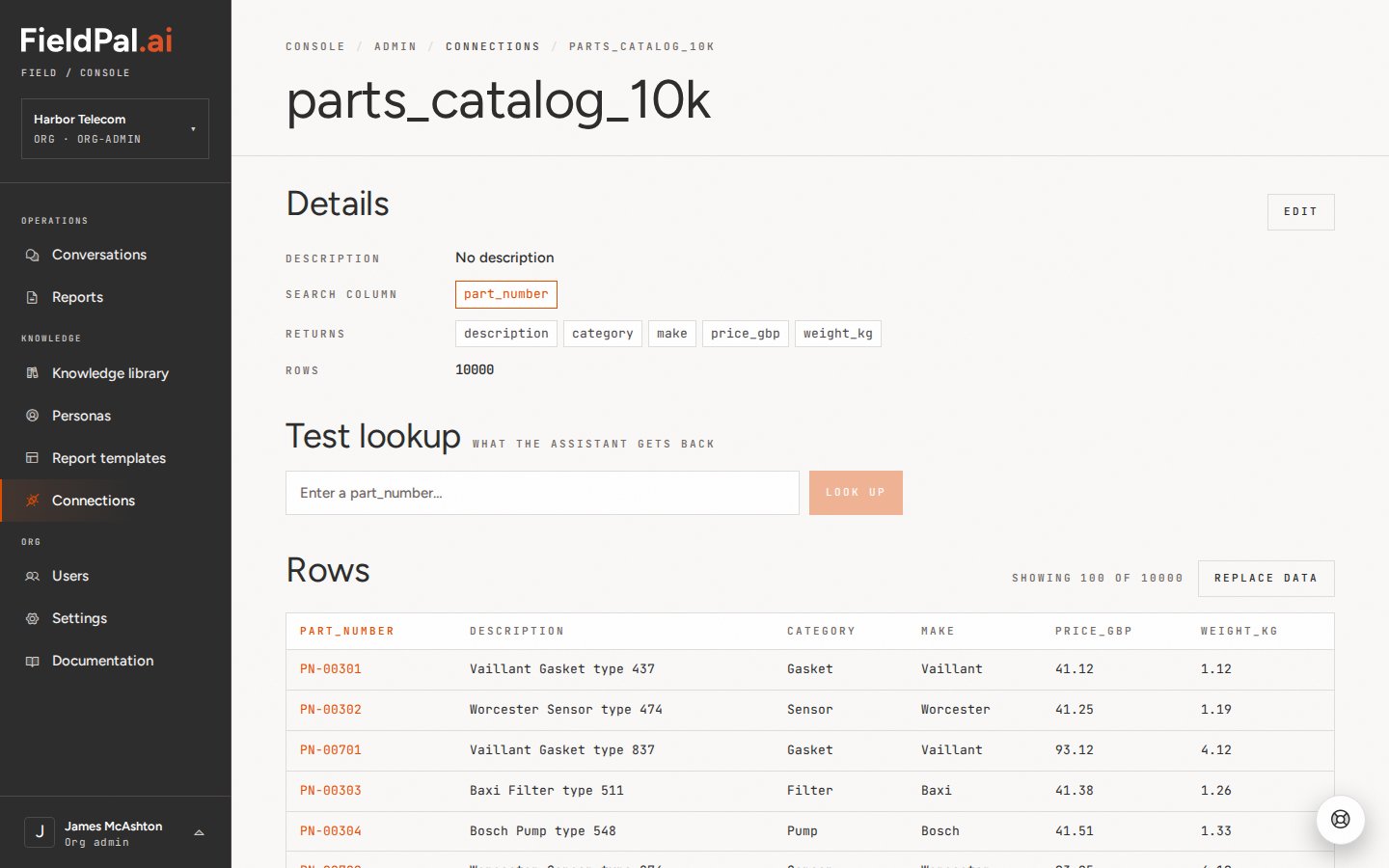 Connection detail page with test lookup and data rows