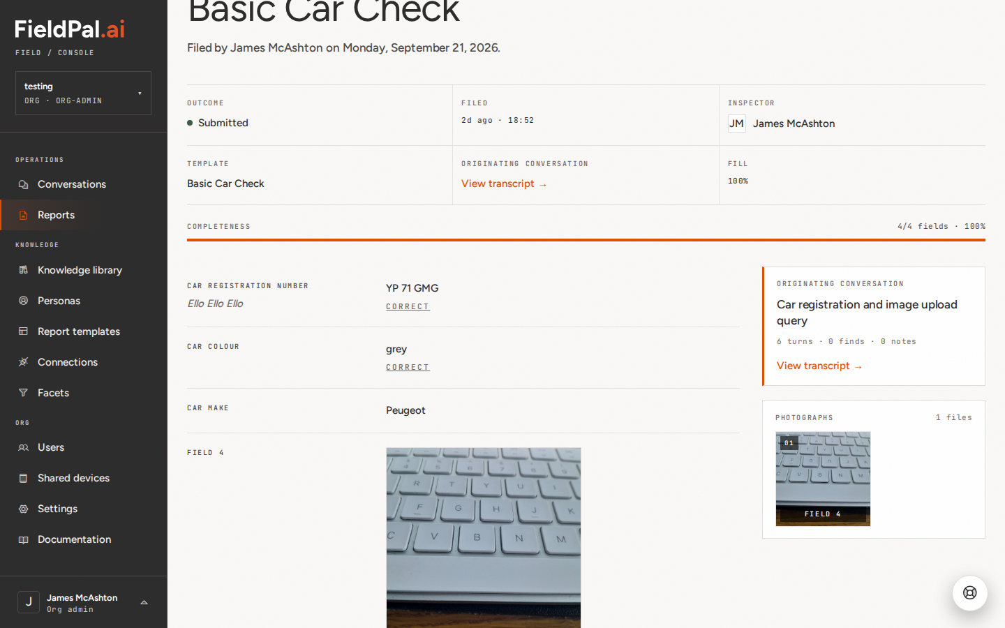 Submitted Basic Car Check report with Correct links under the Car Registration Number and Car Colour answers
