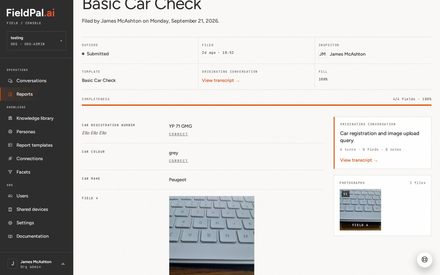 Submitted Basic Car Check report with Correct links under the Car Registration Number and Car Colour answers