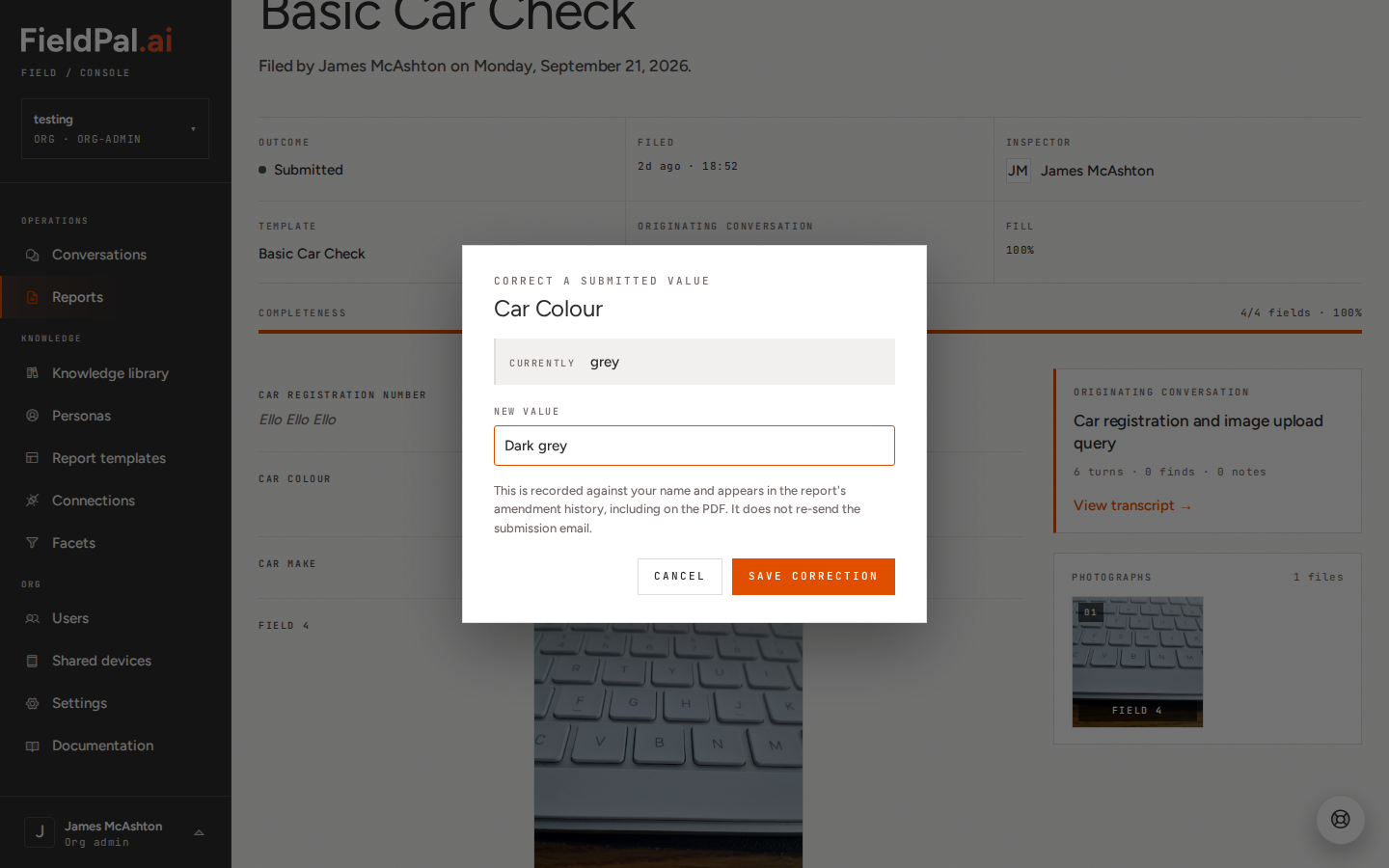 Correct a submitted value dialog for Car Colour, showing the current value grey and the new value Dark grey