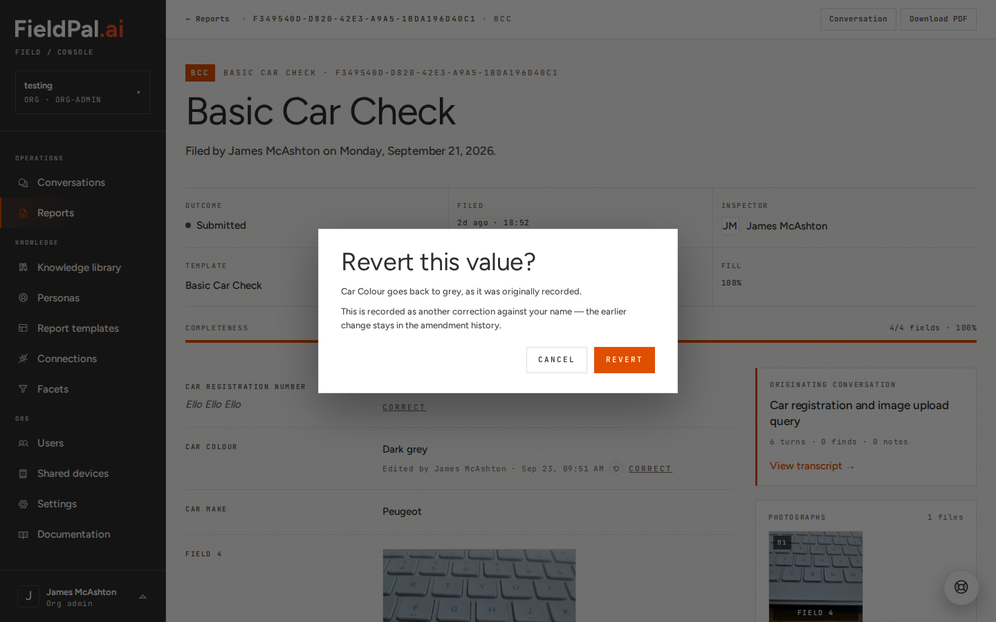 Revert this value confirmation dialog explaining Car Colour goes back to grey