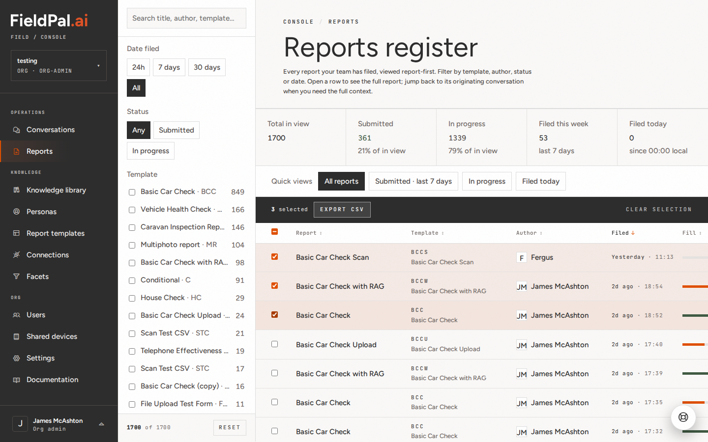 Reports register with three rows ticked and the Export CSV button in the selection bar