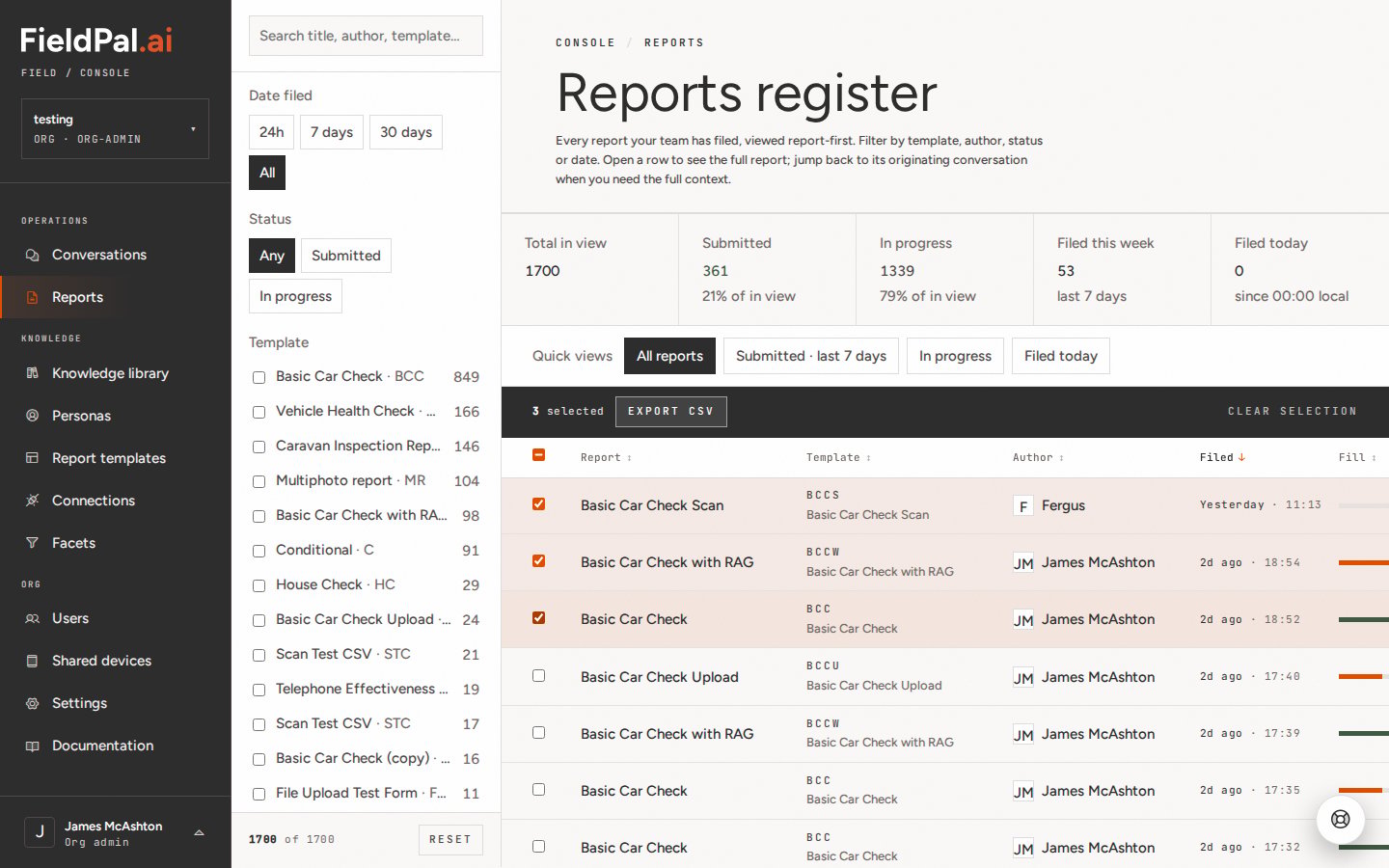 Reports register with three rows ticked and the Export CSV button in the selection bar