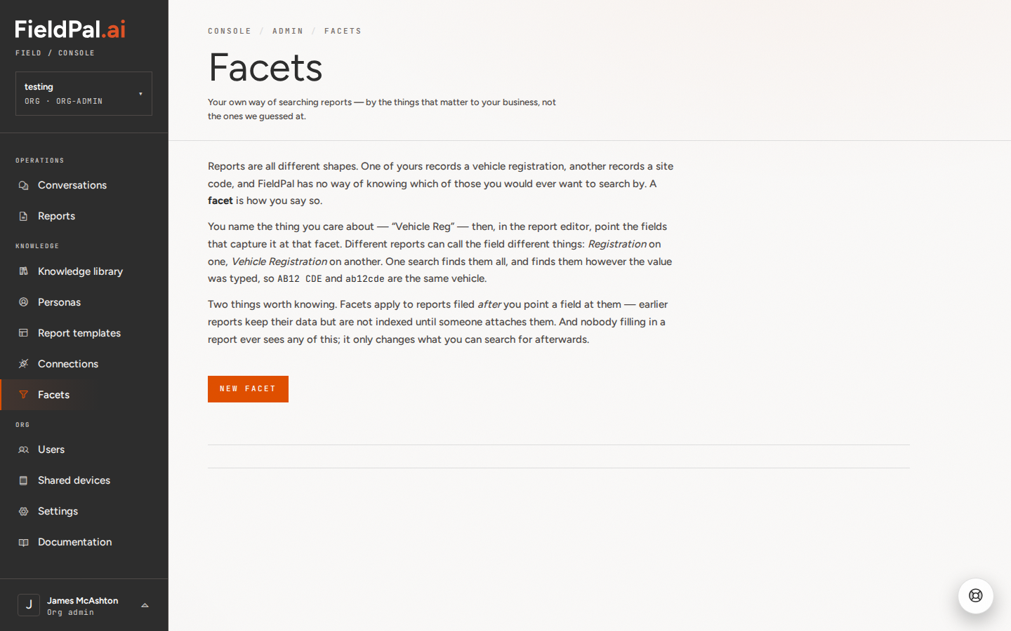 Facets page with an explanation of facets and a New facet button