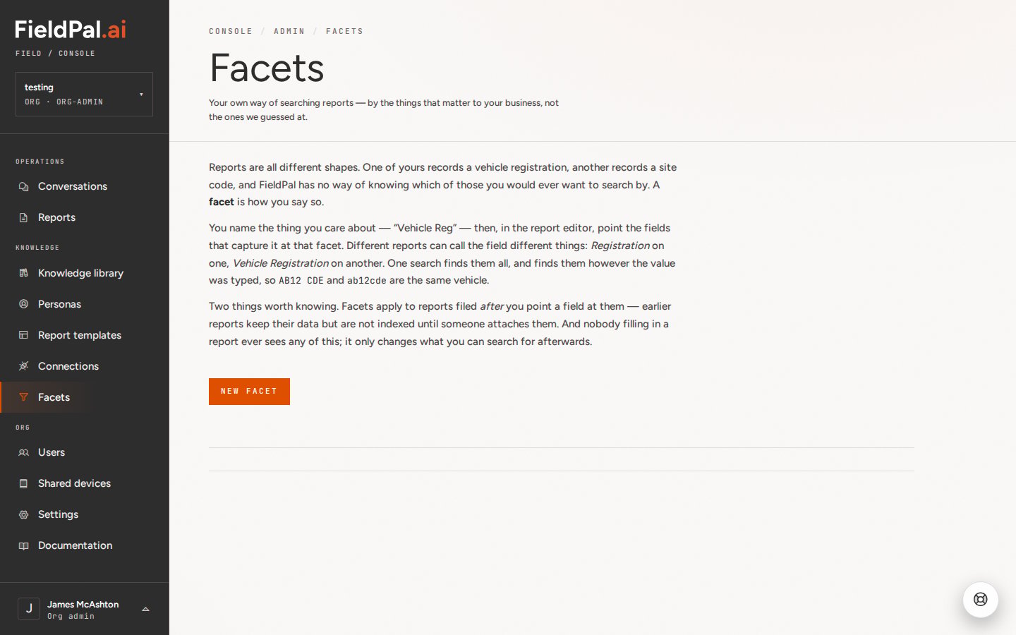 Facets page with an explanation of facets and a New facet button