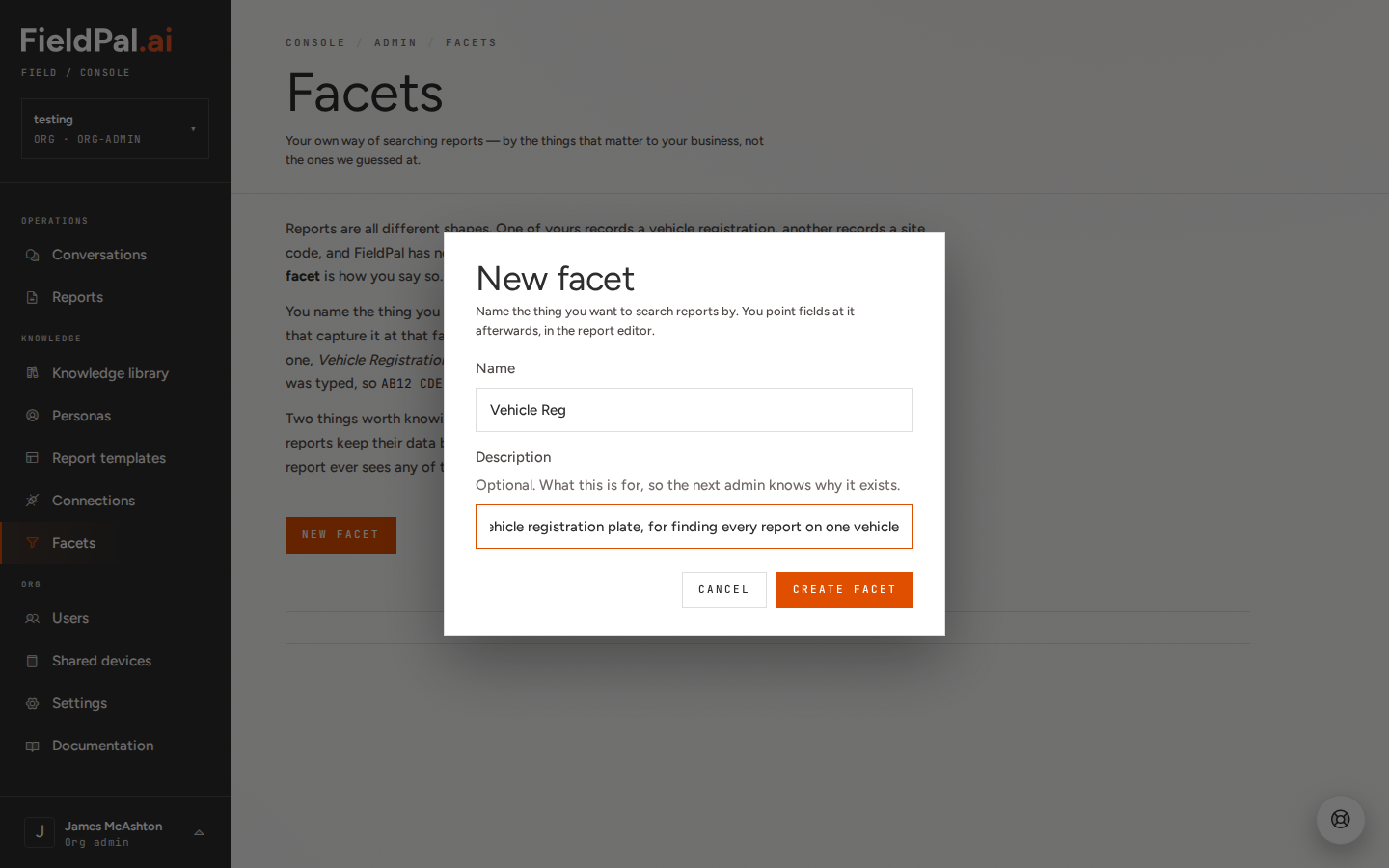New facet dialog with the name Vehicle Reg and a description filled in