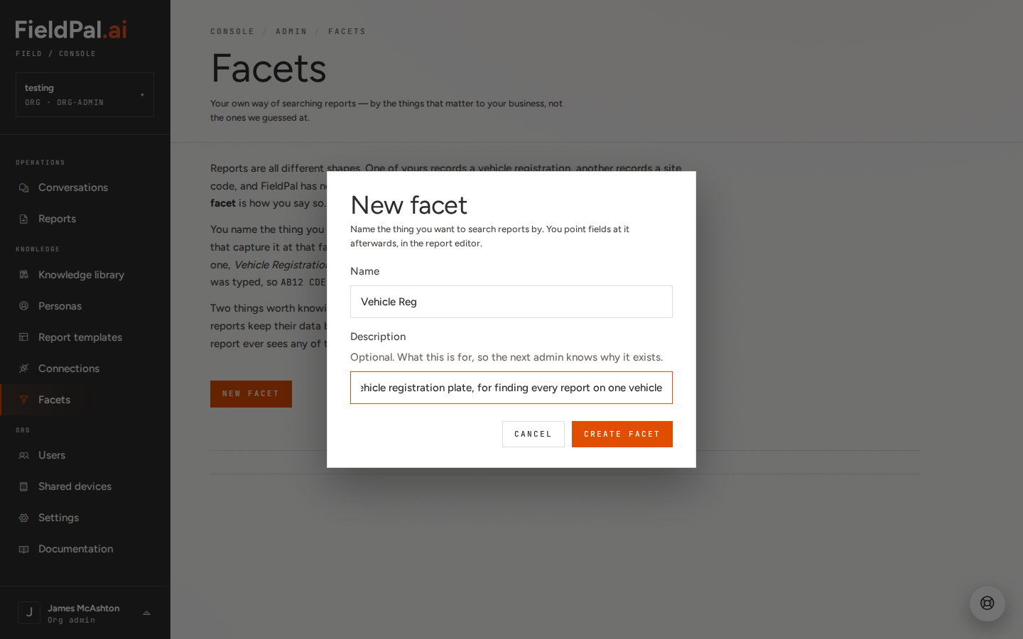 New facet dialog with the name Vehicle Reg and a description filled in