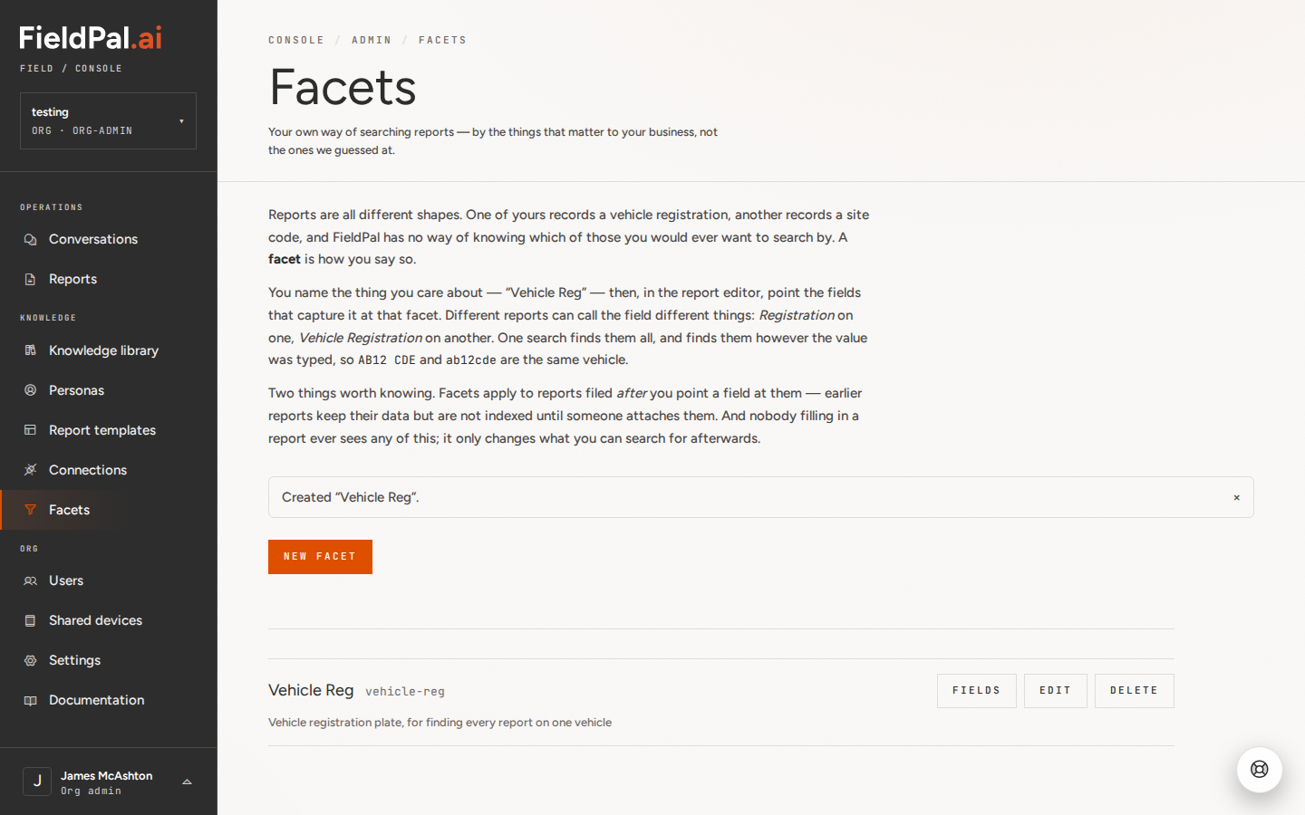 Facets list showing the new Vehicle Reg facet with Fields, Edit and Delete buttons