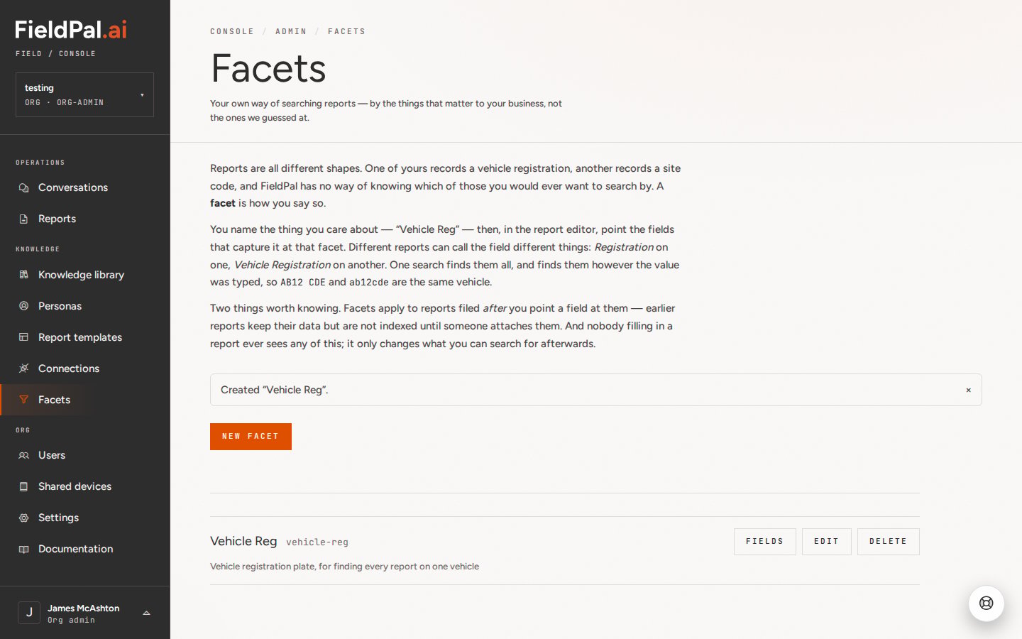 Facets list showing the new Vehicle Reg facet with Fields, Edit and Delete buttons