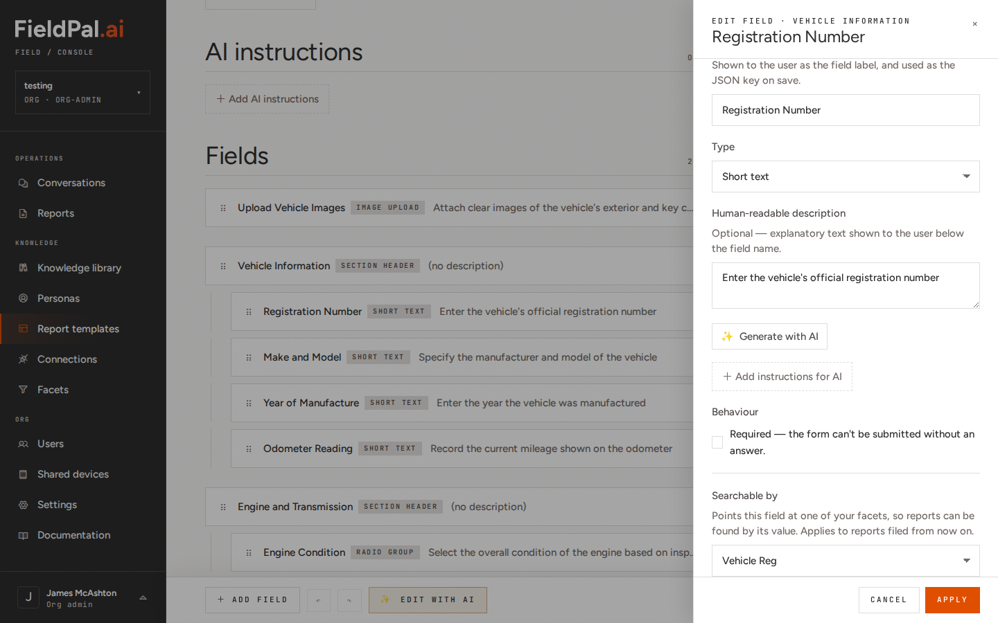 Field editor for Registration Number with Searchable by set to Vehicle Reg