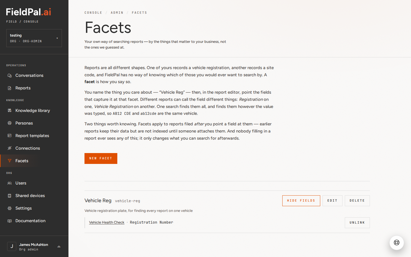 Facets page showing a Vehicle Reg facet linked to the Registration Number field on the Vehicle Health Check template