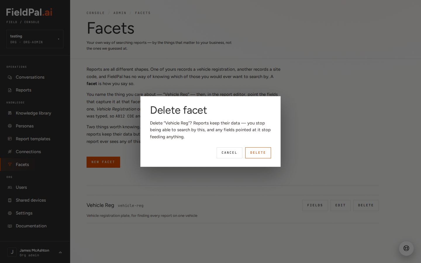 Delete facet confirmation dialog