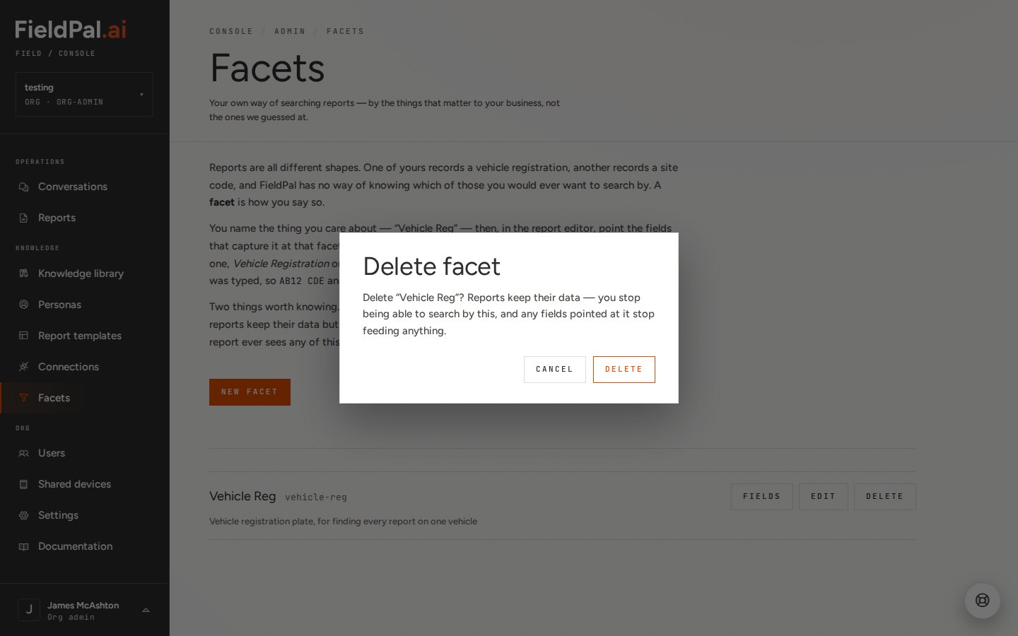 Delete facet confirmation dialog
