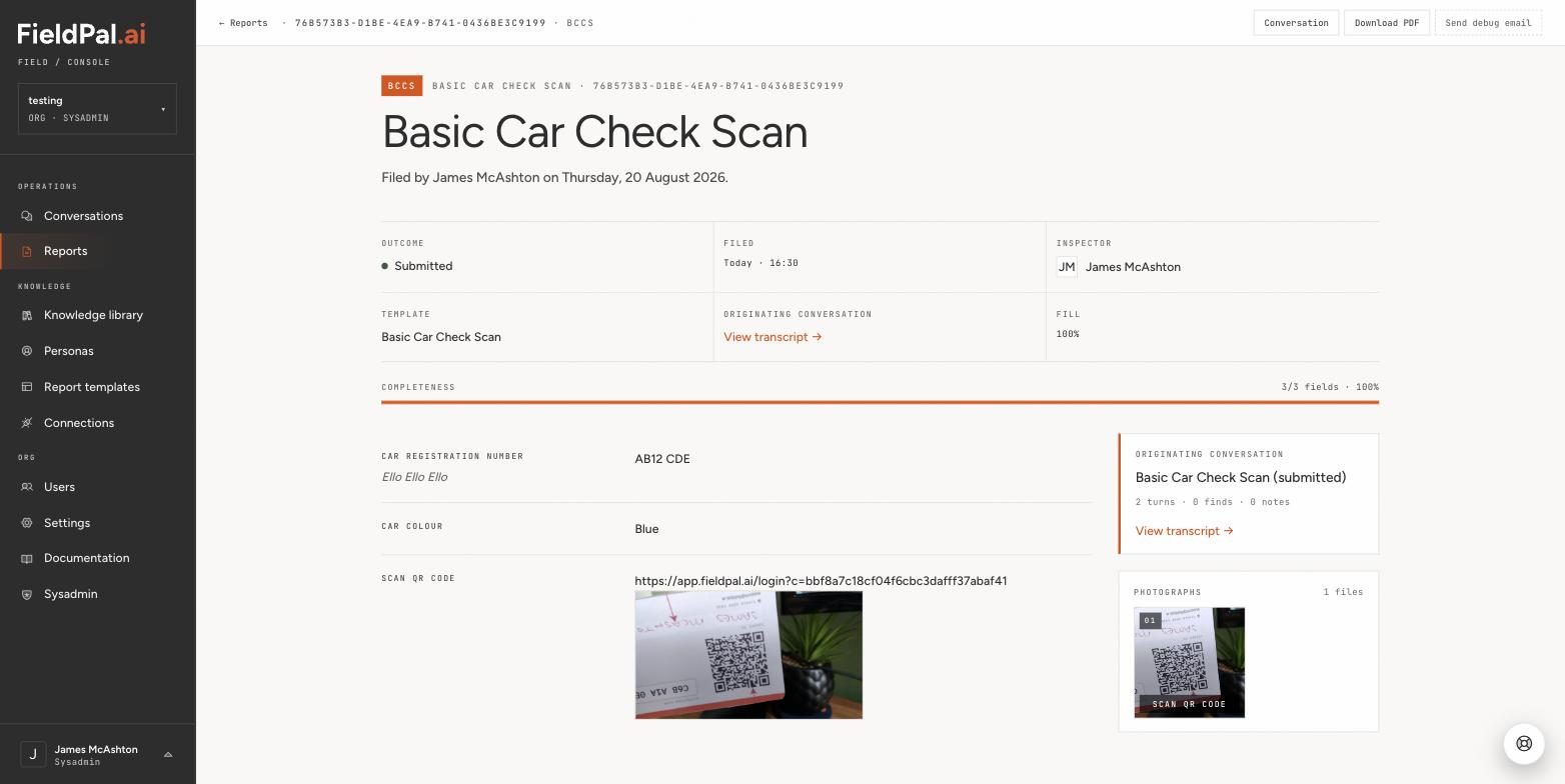 Report detail showing a decoded scan value and its captured photo