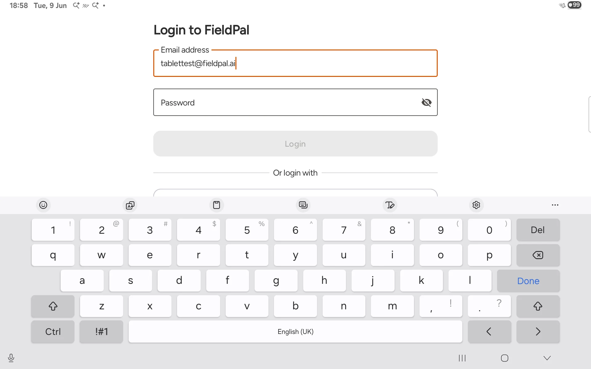 Email address entered in the login form