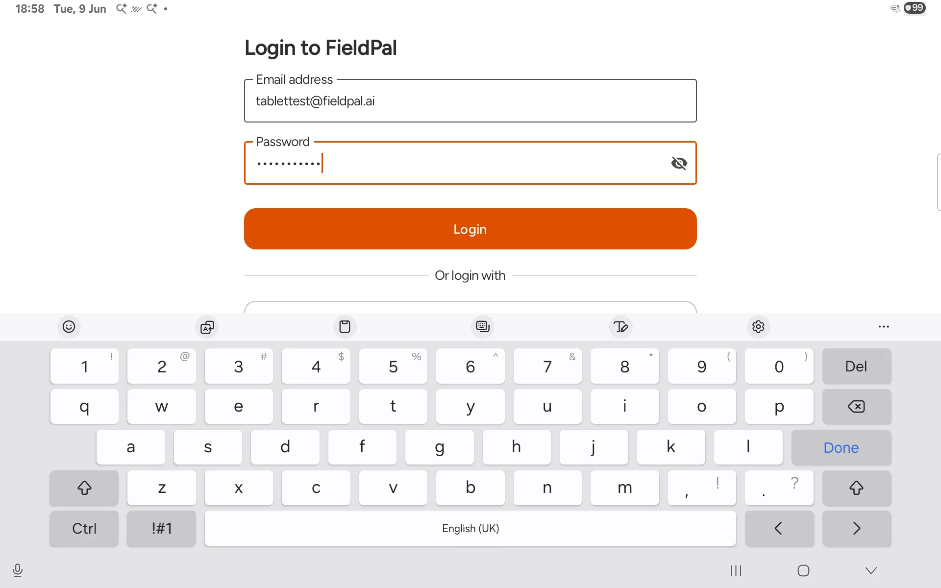 Password entered, ready to log in