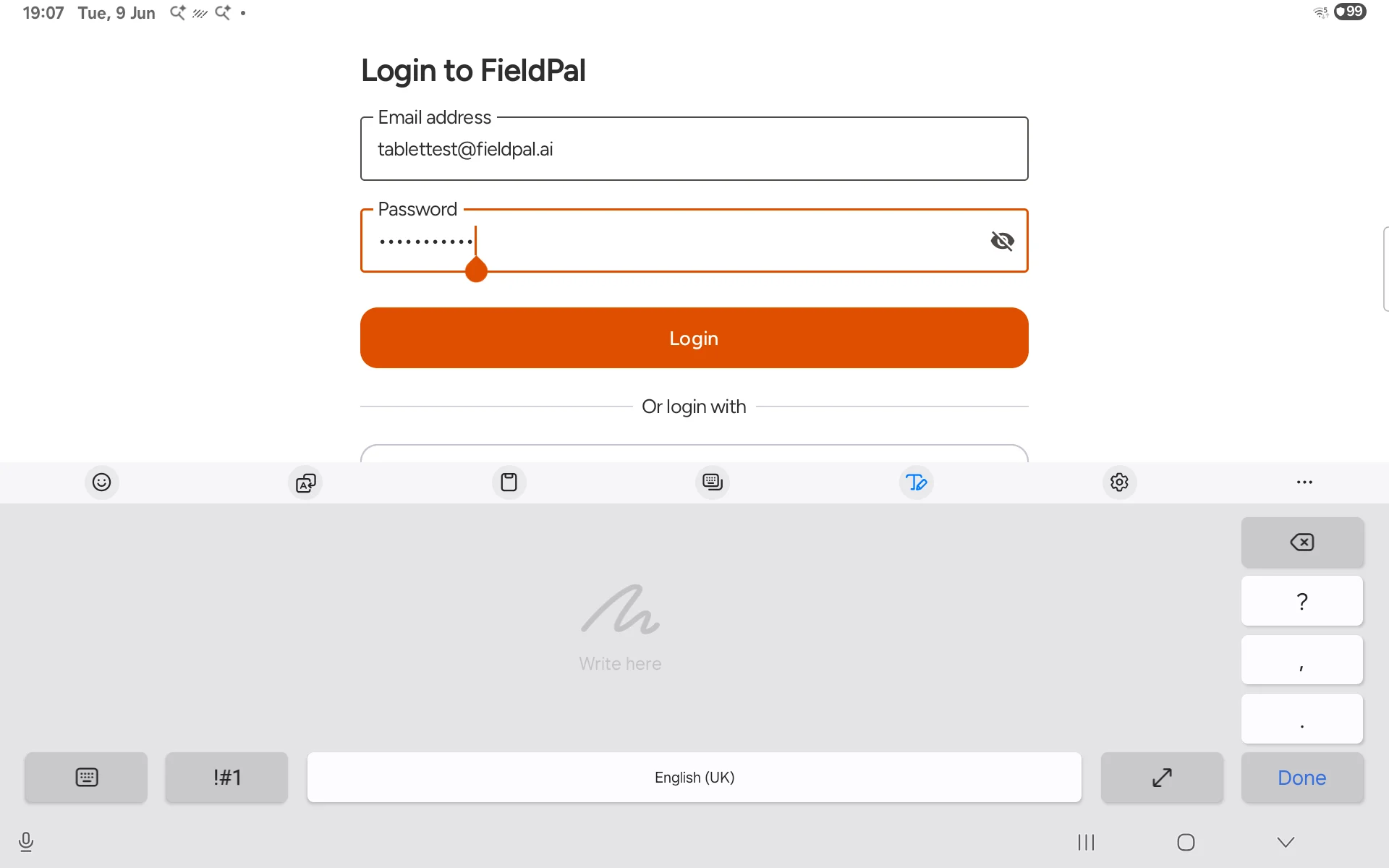 FieldPal app home screen after logging in