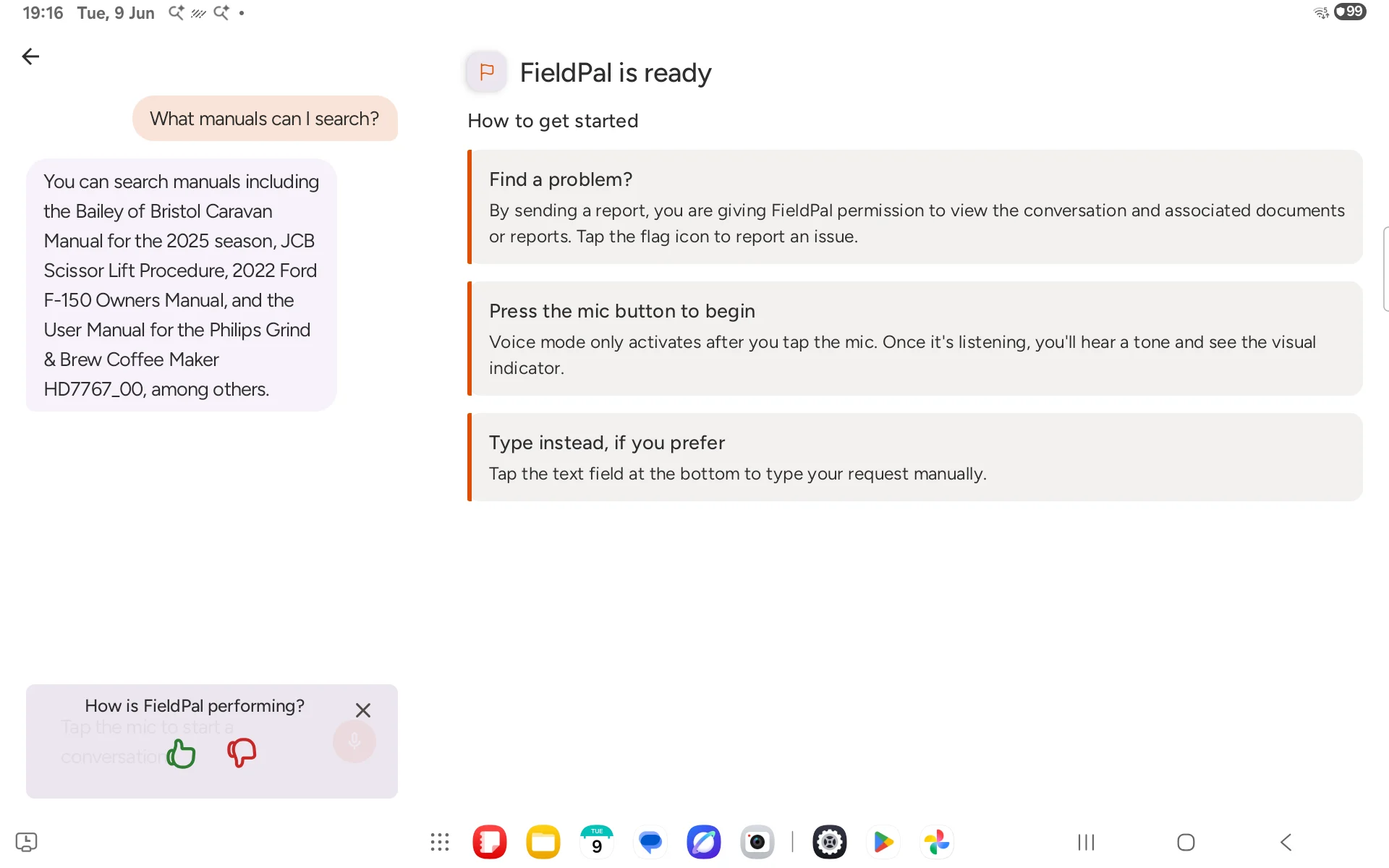 Search manuals screen with AI ready to answer questions