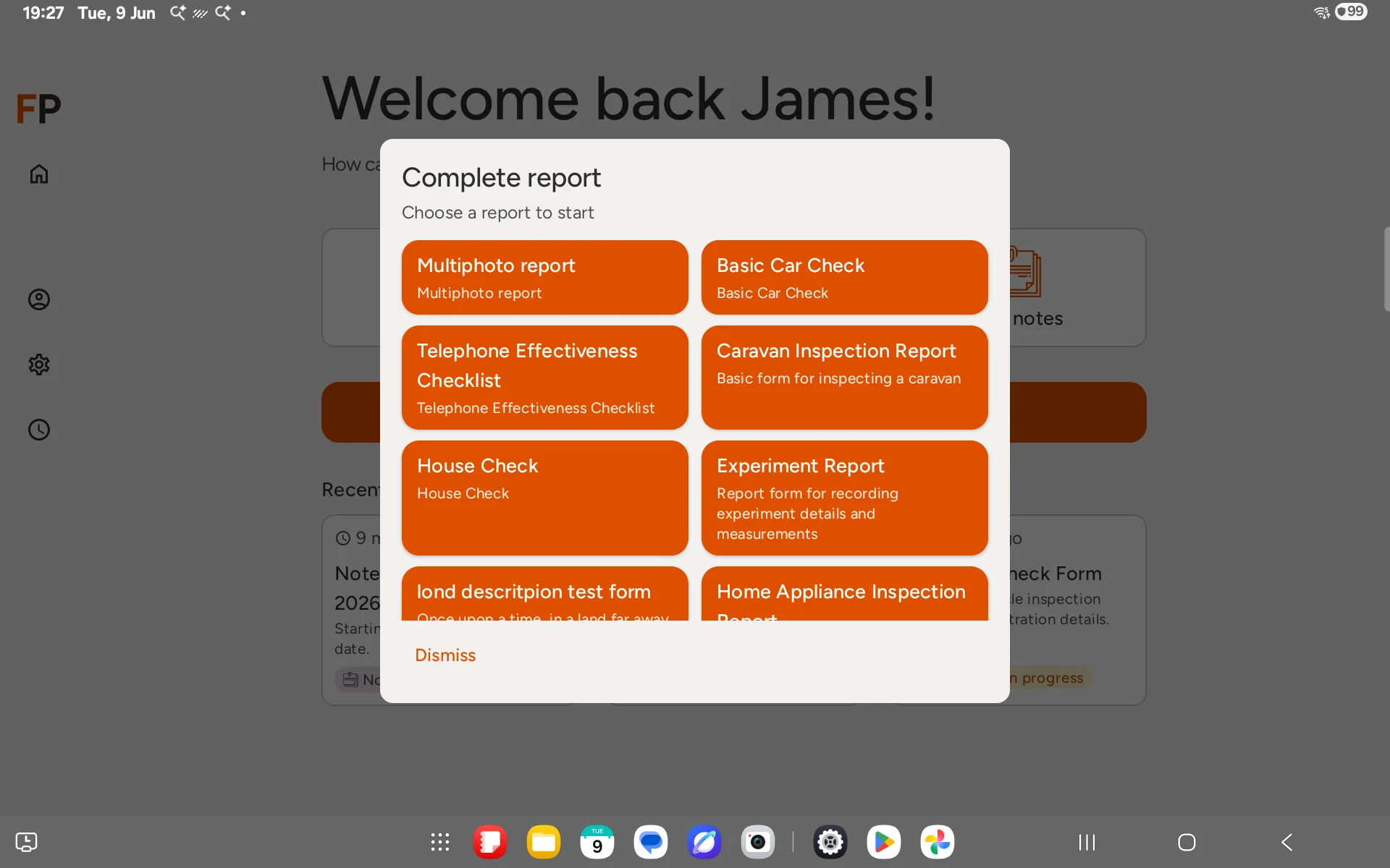 Report template selection modal
