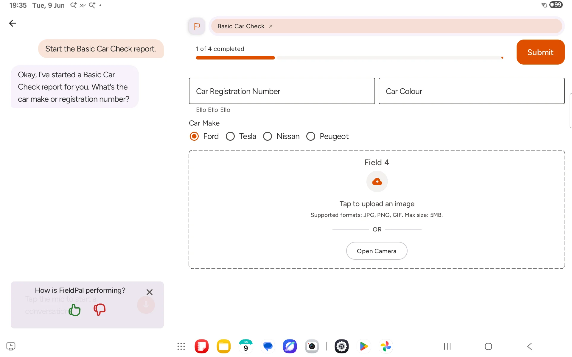 Report screen showing AI chat on the left and form on the right