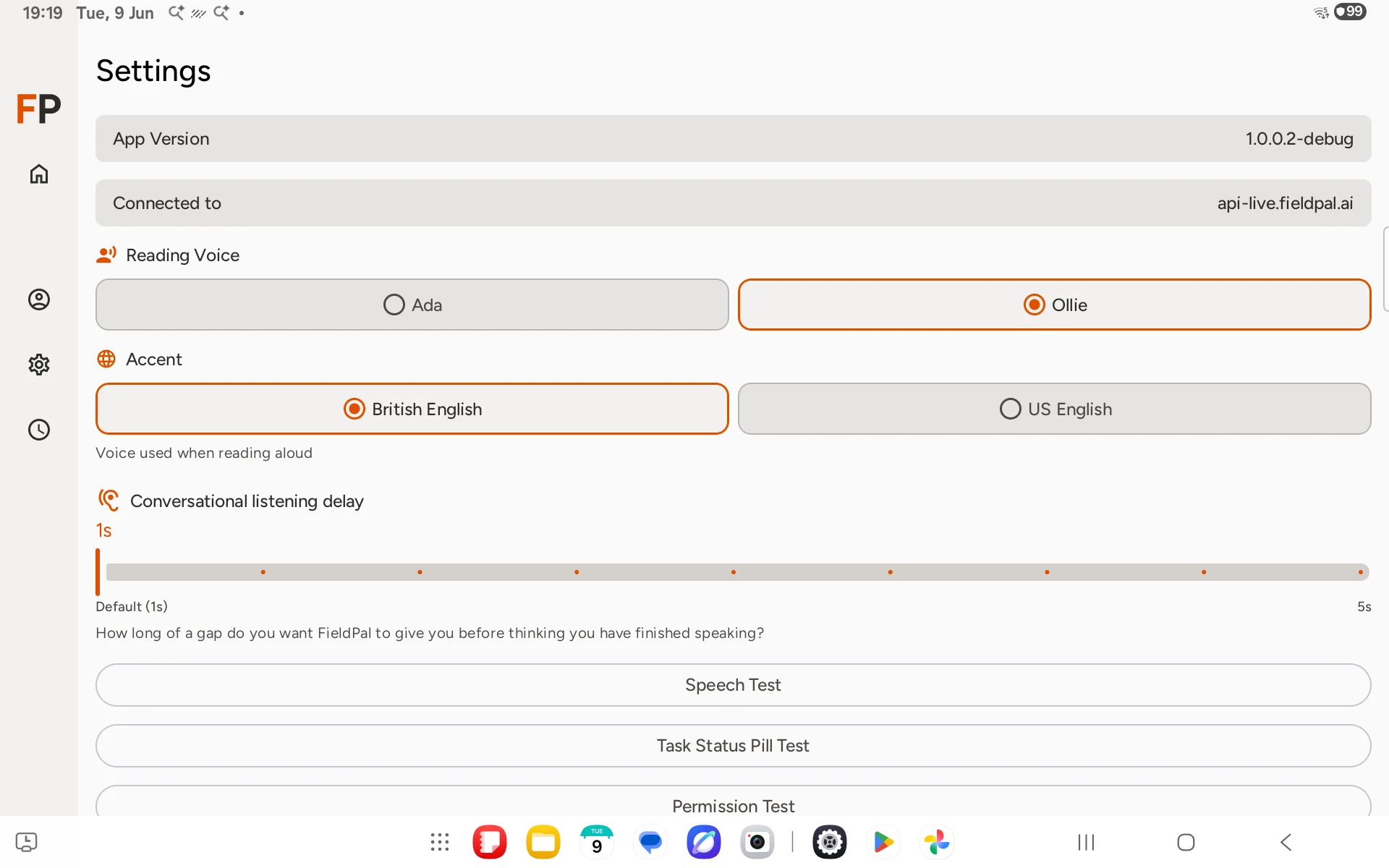FieldPal app settings screen