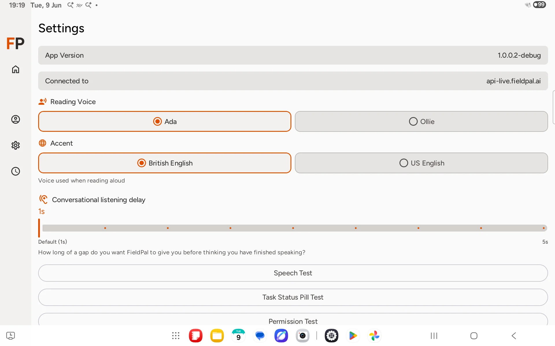 Ada voice selected in settings