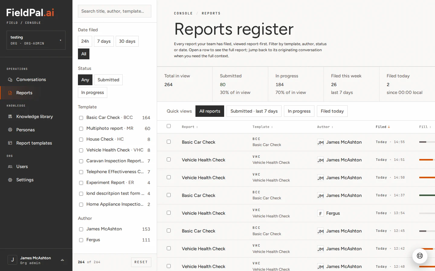 Reports register showing a list of filed reports