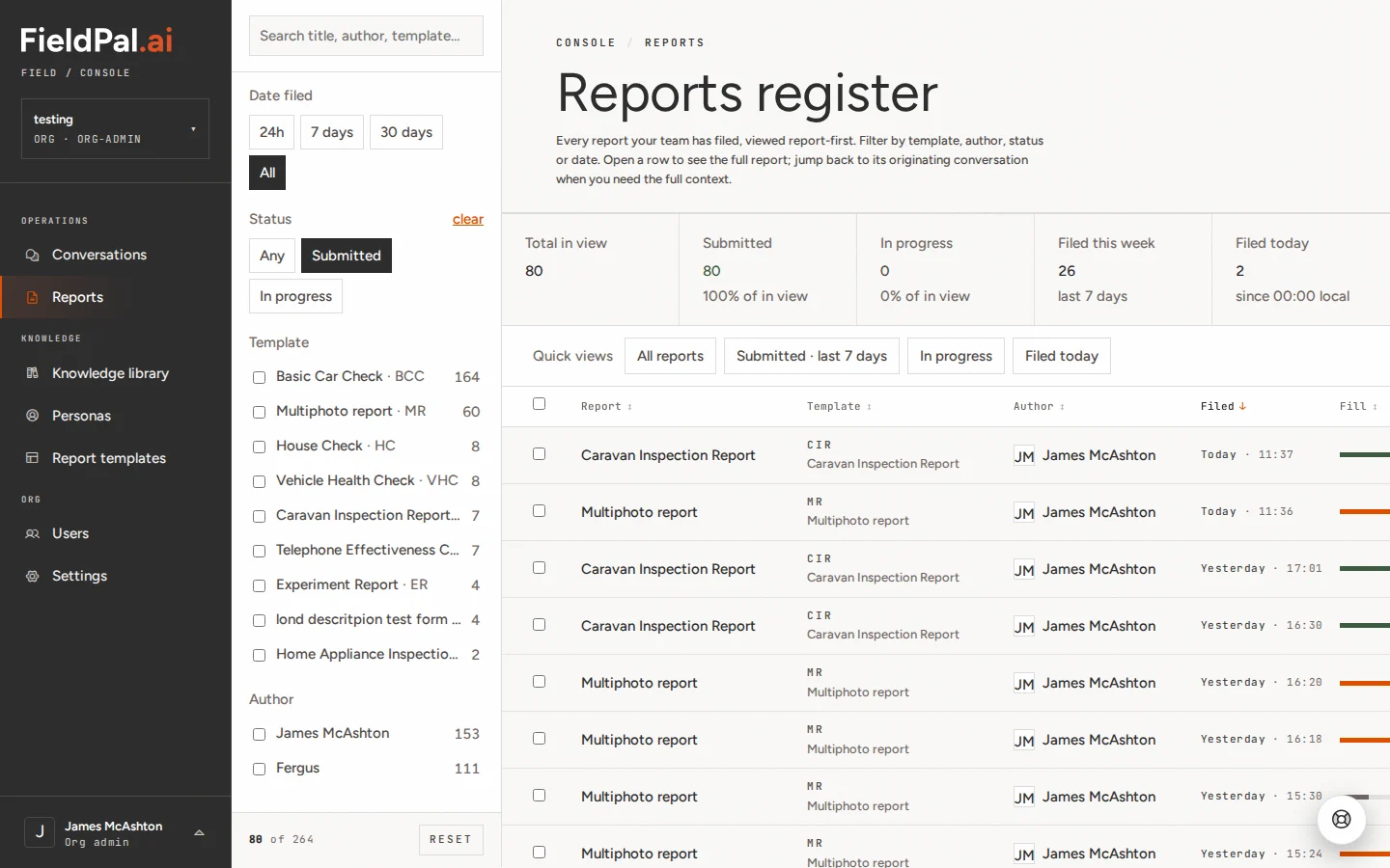 Reports list filtered to Submitted status