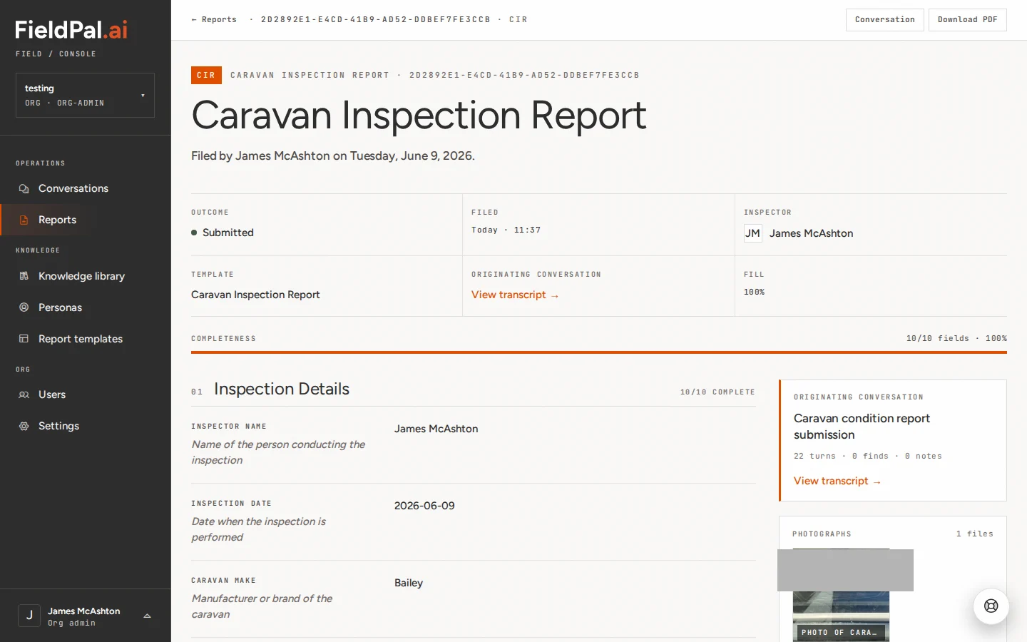 Report detail page showing the top of a submitted report