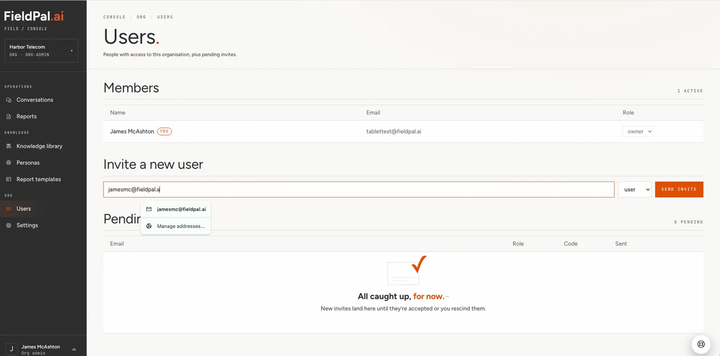 Invite a new user form on the dashboard Users page