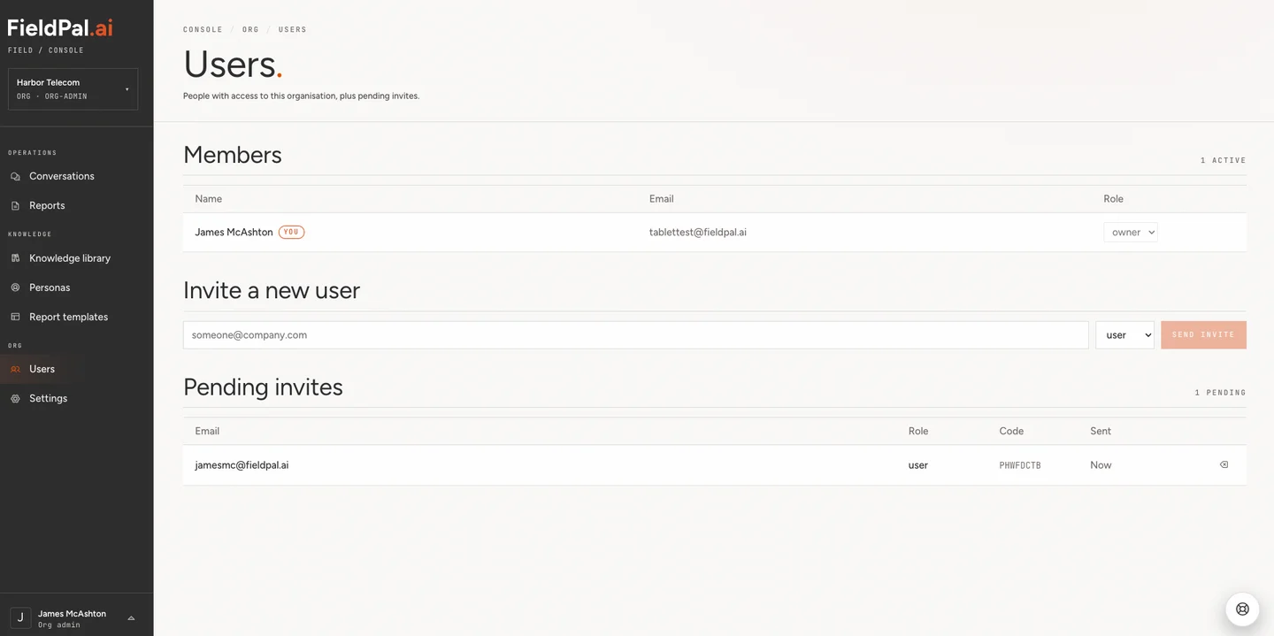 Pending invites table showing the new invite with its code