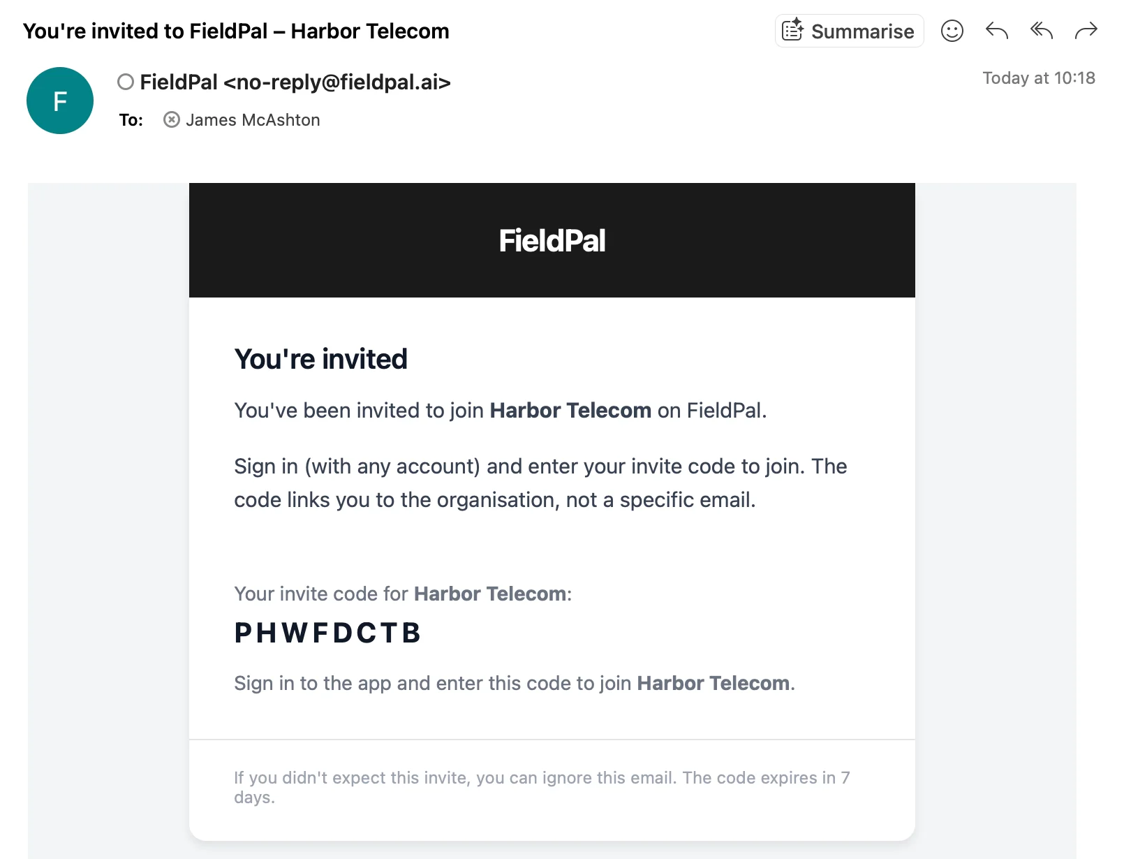 Invite email showing the organisation name and invite code