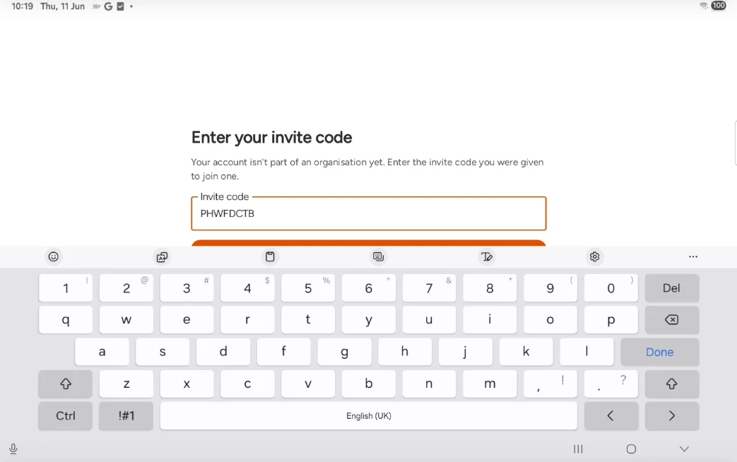 Invite code entered in the field