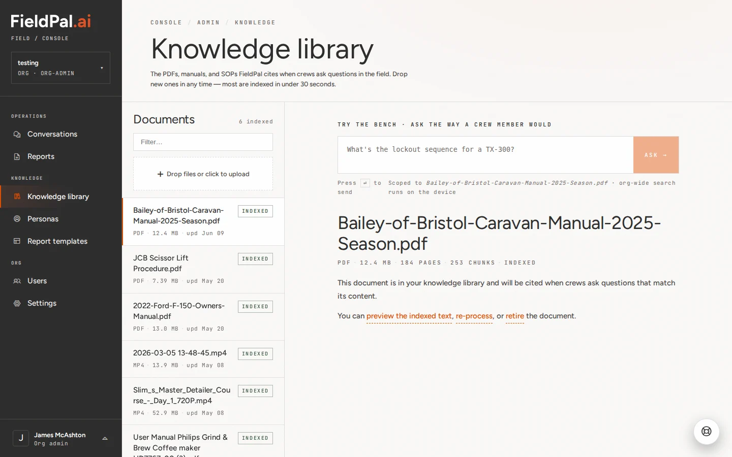 Knowledge Library landing page showing uploaded documents