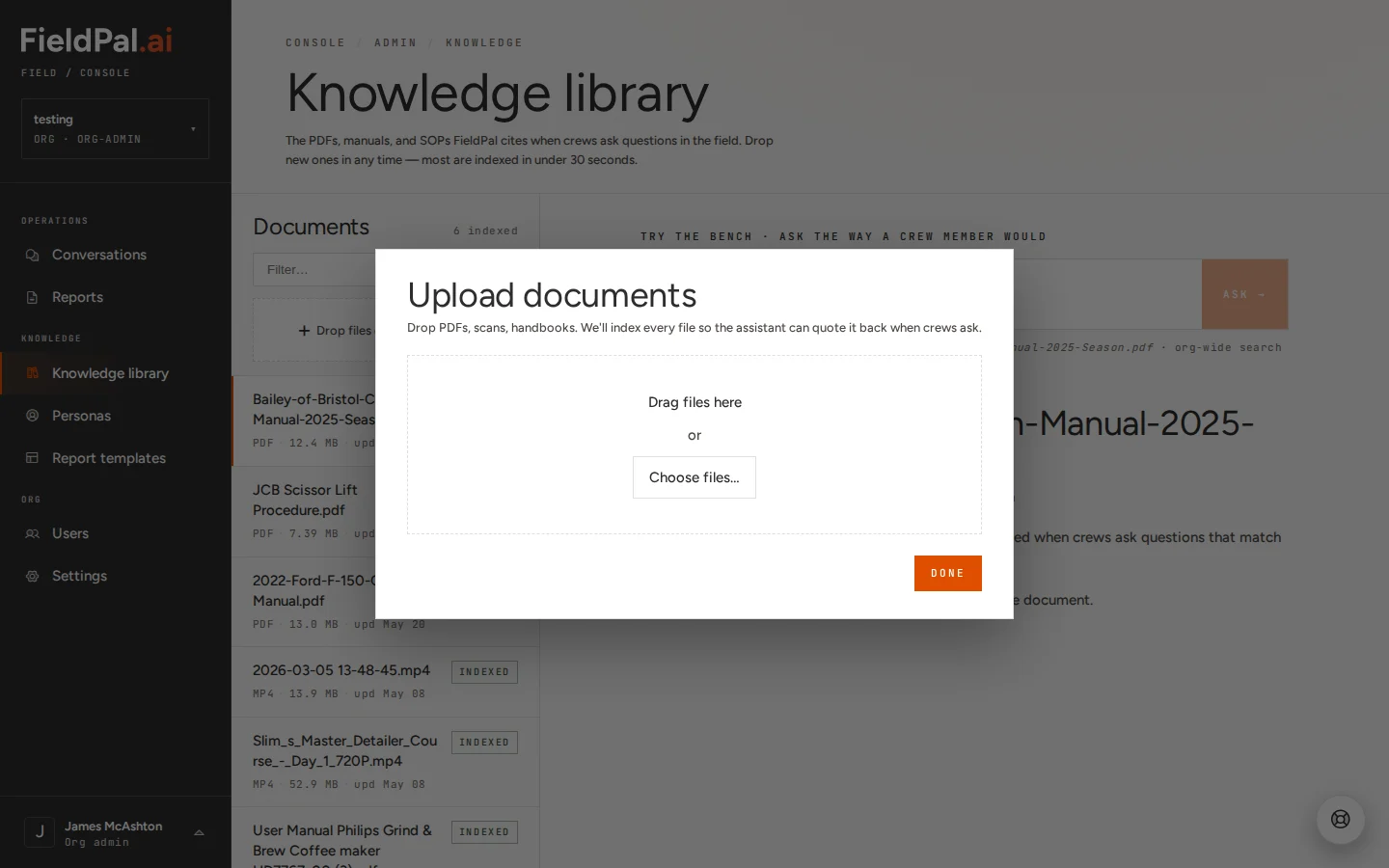 Upload documents dialog, empty and ready
