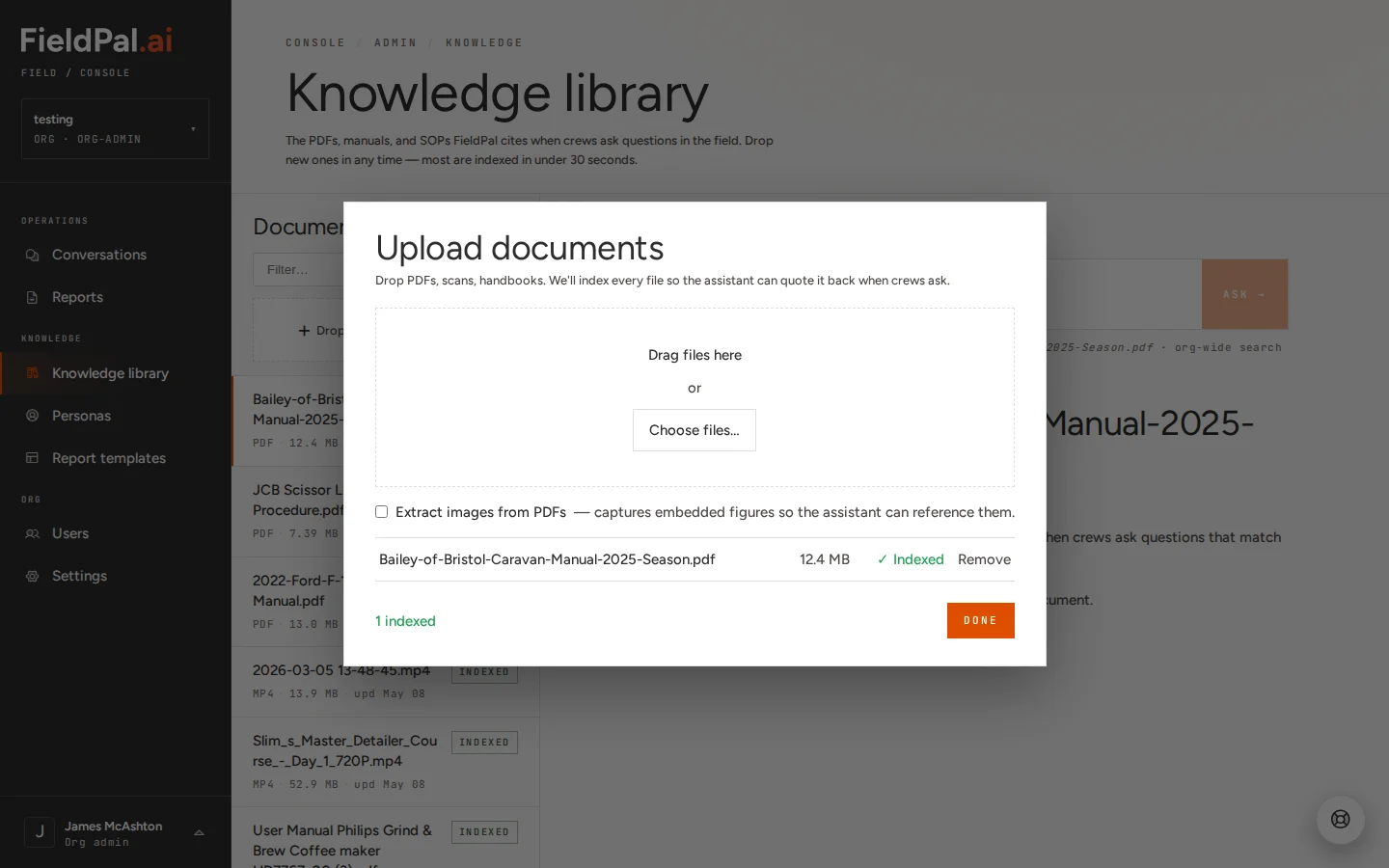 Upload dialog with a file selected and showing Indexed status