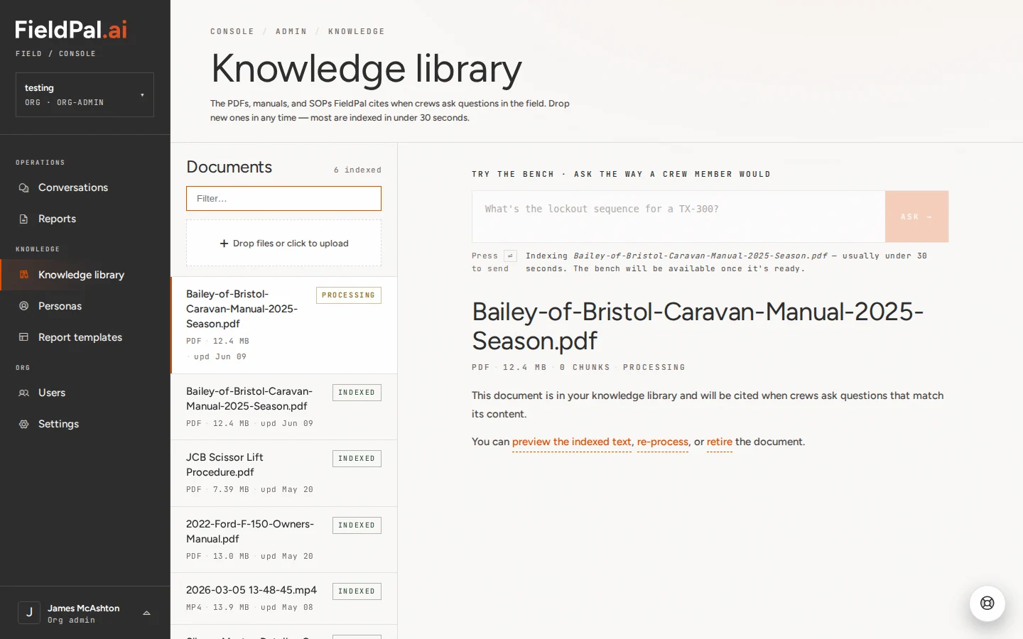 Document row showing hover actions including Ask