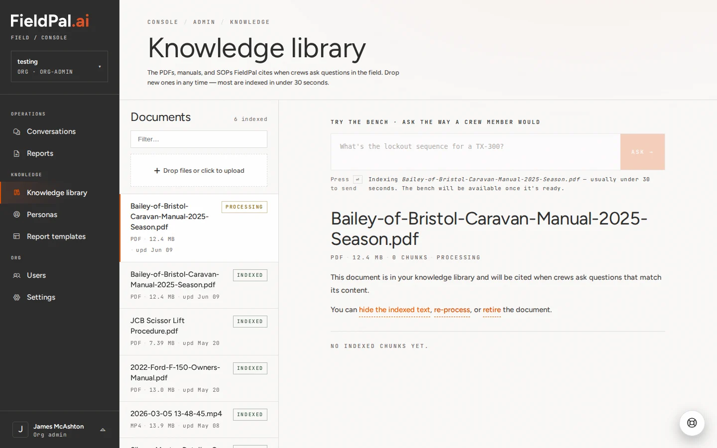 Preview indexed text panel open for a document
