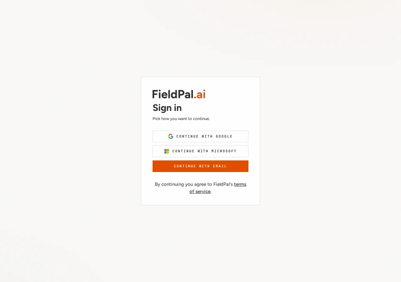 FieldPal login page showing three sign-in options