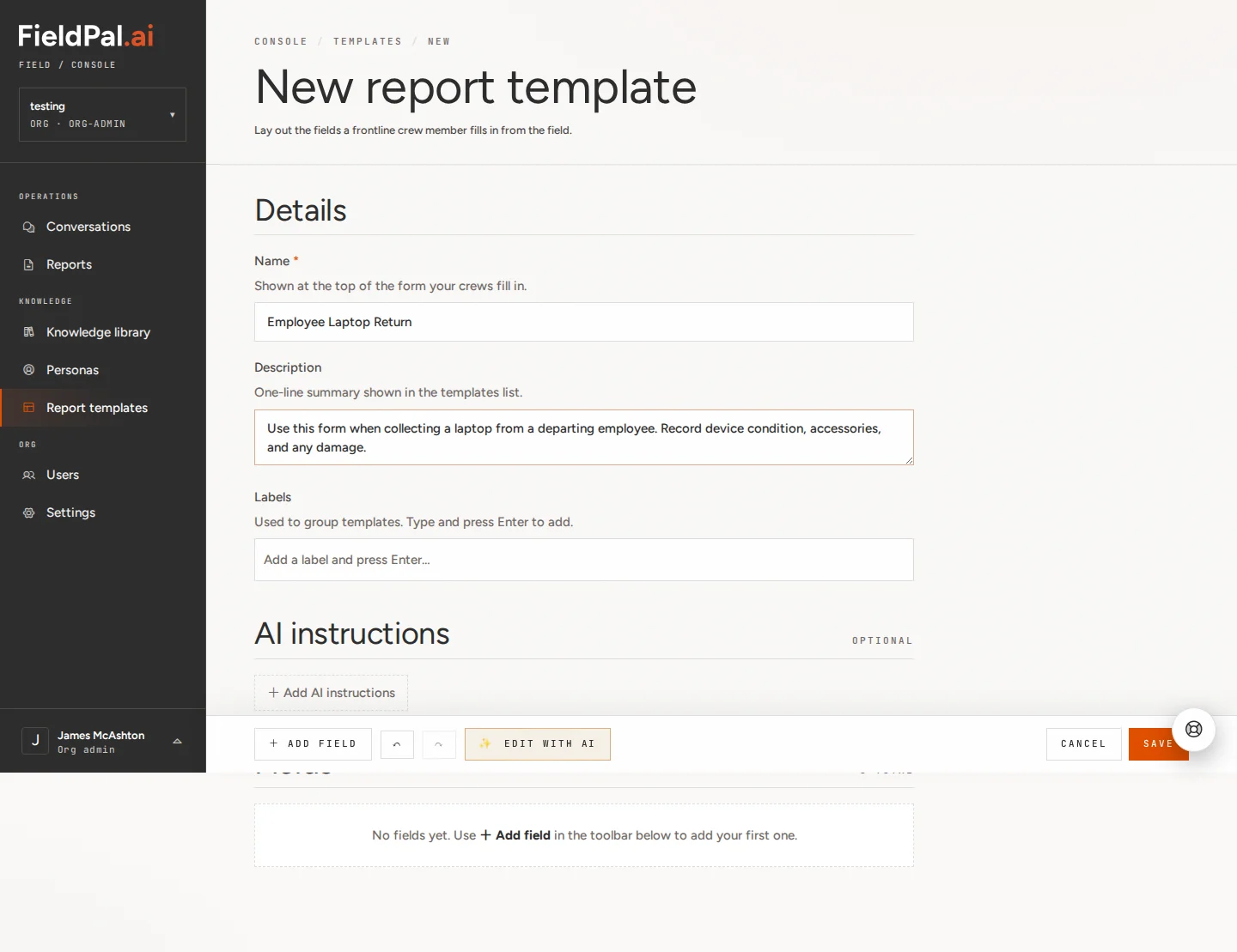 Template name and description fields