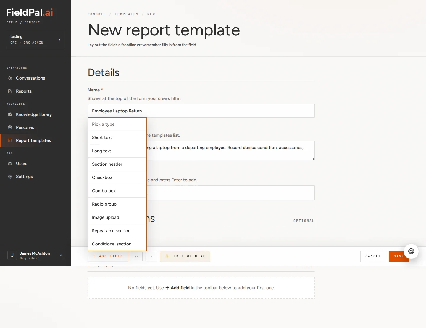 Field type picker menu
