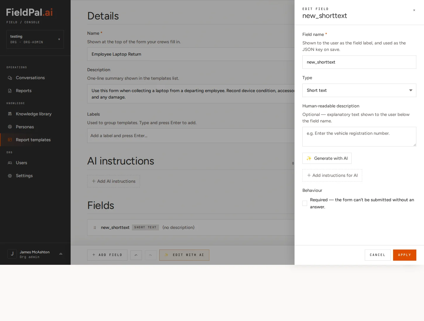 Edit field panel open on the right