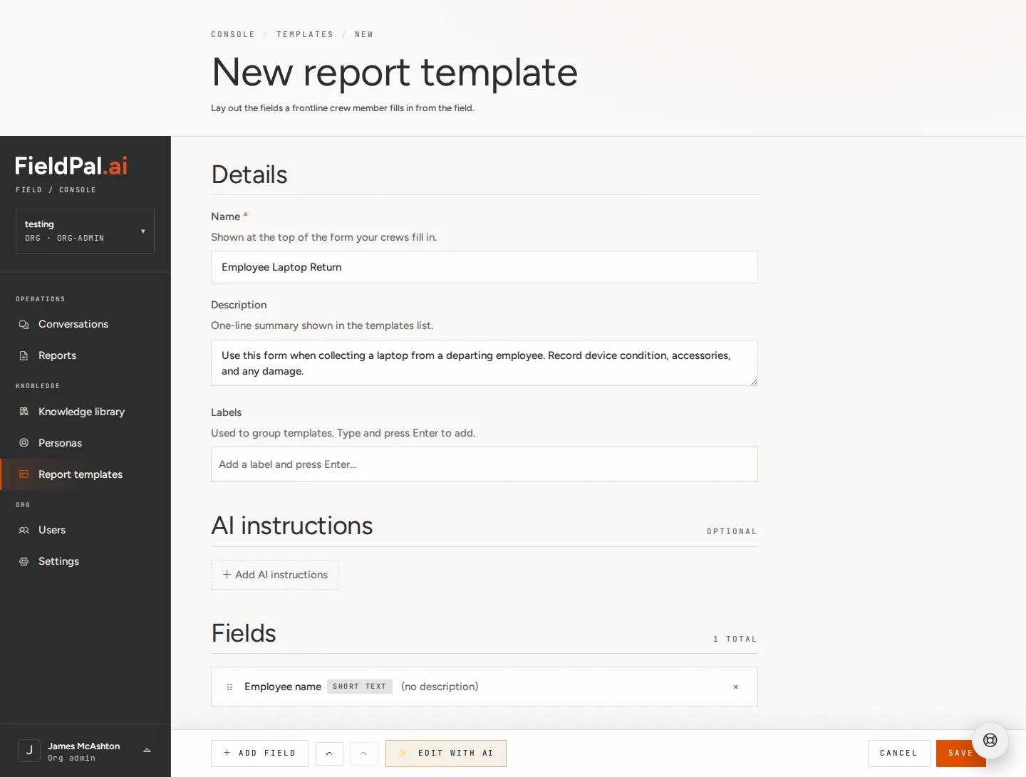 Field applied and visible in the template
