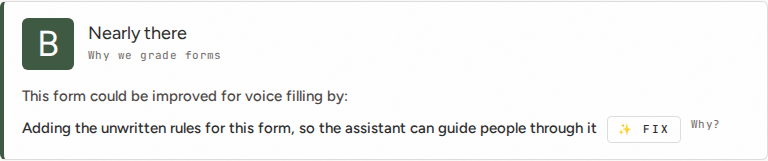 Grade B panel: "Nearly there", suggesting AI instructions be added