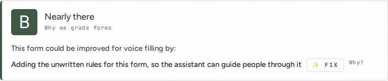 Grade B panel: "Nearly there", suggesting AI instructions be added