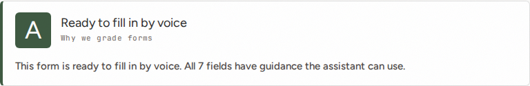 Grade A panel: "Ready to fill in by voice", confirming all 7 fields have guidance