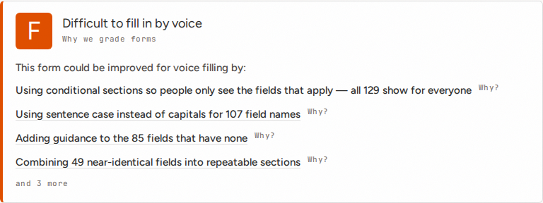 Grade F panel: "Difficult to fill in by voice", listing suggestions on conditional sections, field naming, guidance, and repeatable fields