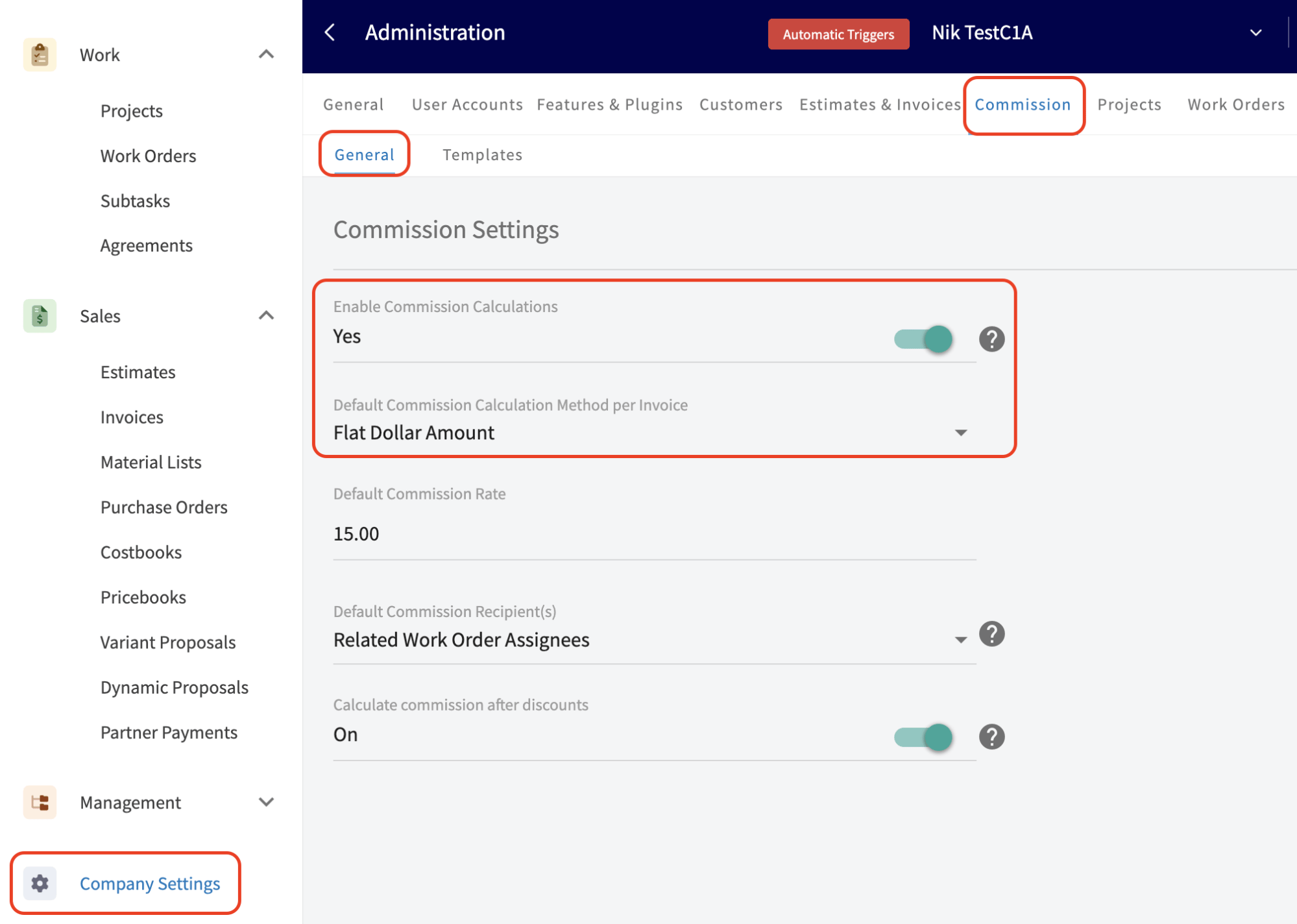 Commission Settings on the General tab with the Enable Commission Calculations toggle on